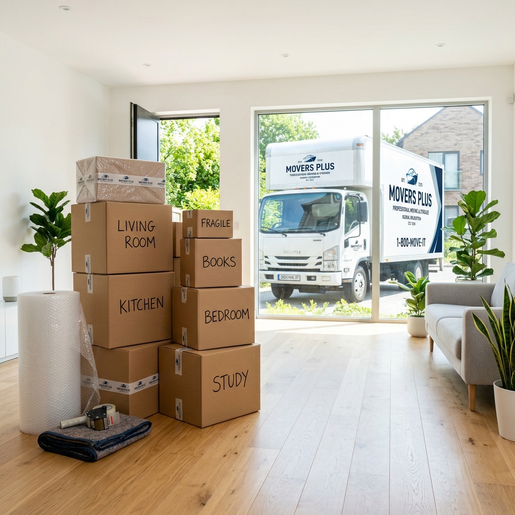 Premium relocation packaging boxes and moving truck photography